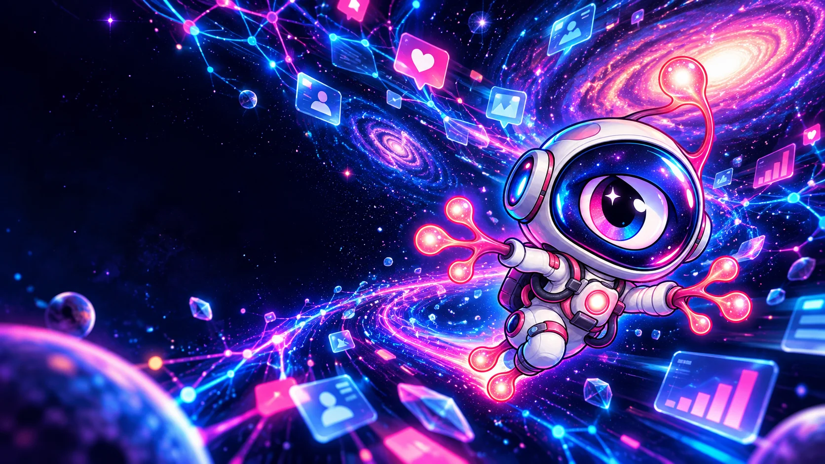 CELLONAUT flying through a neon digital galaxy